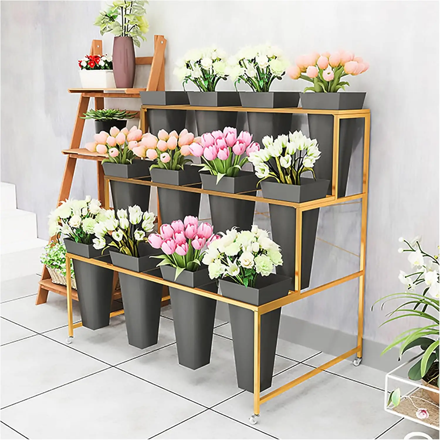 Stand With 12PCS Buckets, 3 Layers Metal Plant Stand with Wheels, Heavy Duty Moving Plant Cart Shelf, for Indoor, Outdoor Patio