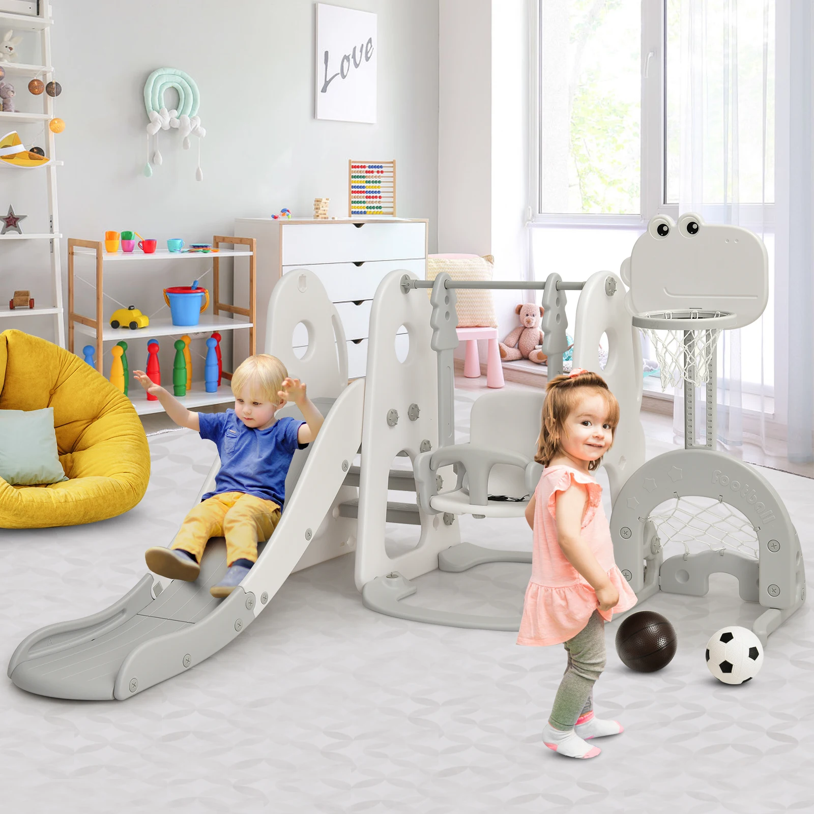 6 in 1 Toddler Slide and Swing Set Climber Playset w/ Ball Games White