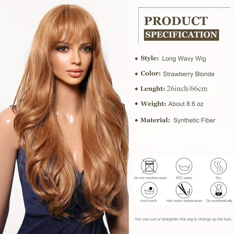 LOUIS FERRE Parrucche lunghe ricce allo zenzero arancione con frangia Parrucca sintetica a onde naturali per le donne Capelli finti per feste cosplay resistenti al calore