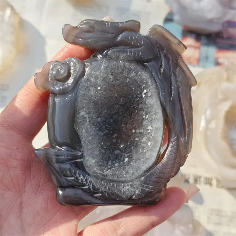 Natural Agate Geode Dragon Carving Energy Stone Crafts Small Decoration Home Decor Holiday Gift 1pcs