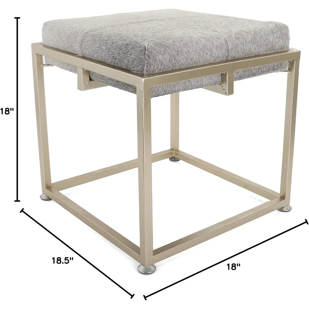 Rutledge & King Cowhide Ottoman/Vanity Stool - Square Ottoman Stool - White Ottoman/Grey Ottoman Foot Rest - Cowhide Grey & Whit