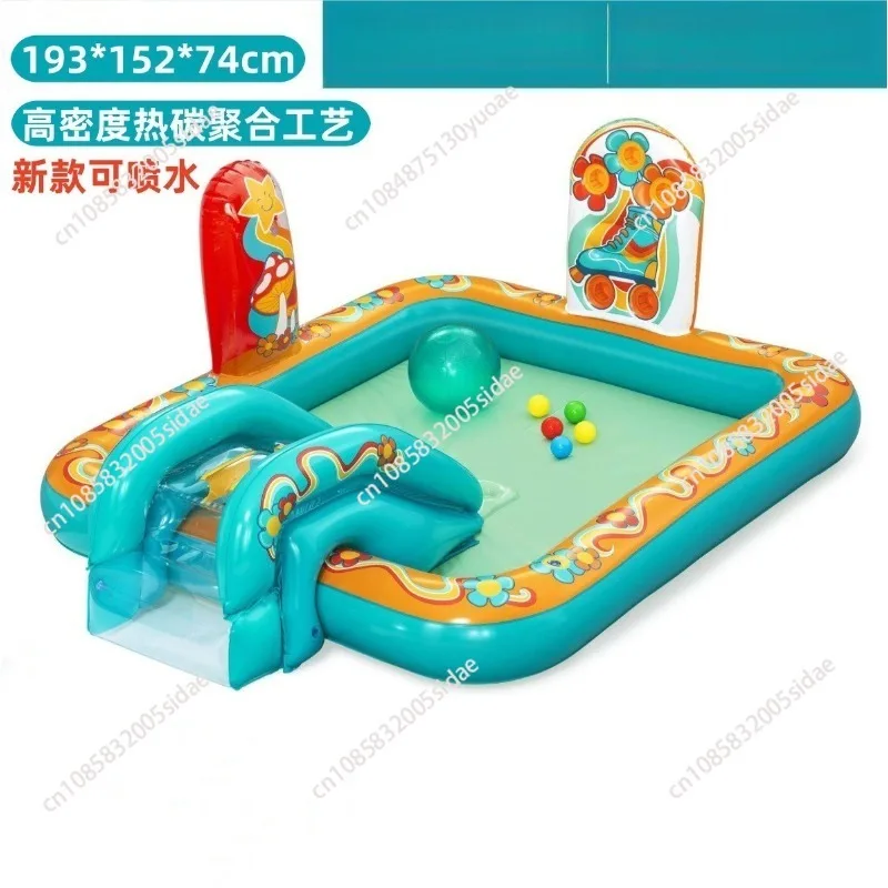 Inflatable Rainbow Flamingo Pool Family Water Fountain with Slide Cartoon Play Pool Ocean Ball Pool for Kids