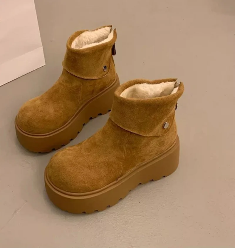 2025, neue Plateau-Schneestiefel für Damen, warme, pelzige, gefütterte Winterschuhe, modische Stiefel mit dicker Sohle und mittlerer Wade – Detail 3