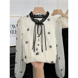 Fashionable Temperament Lace Shirt for Women in Spring and Autumn Fashionable Slimming Design Unique Wooden Ear Ribbon Top