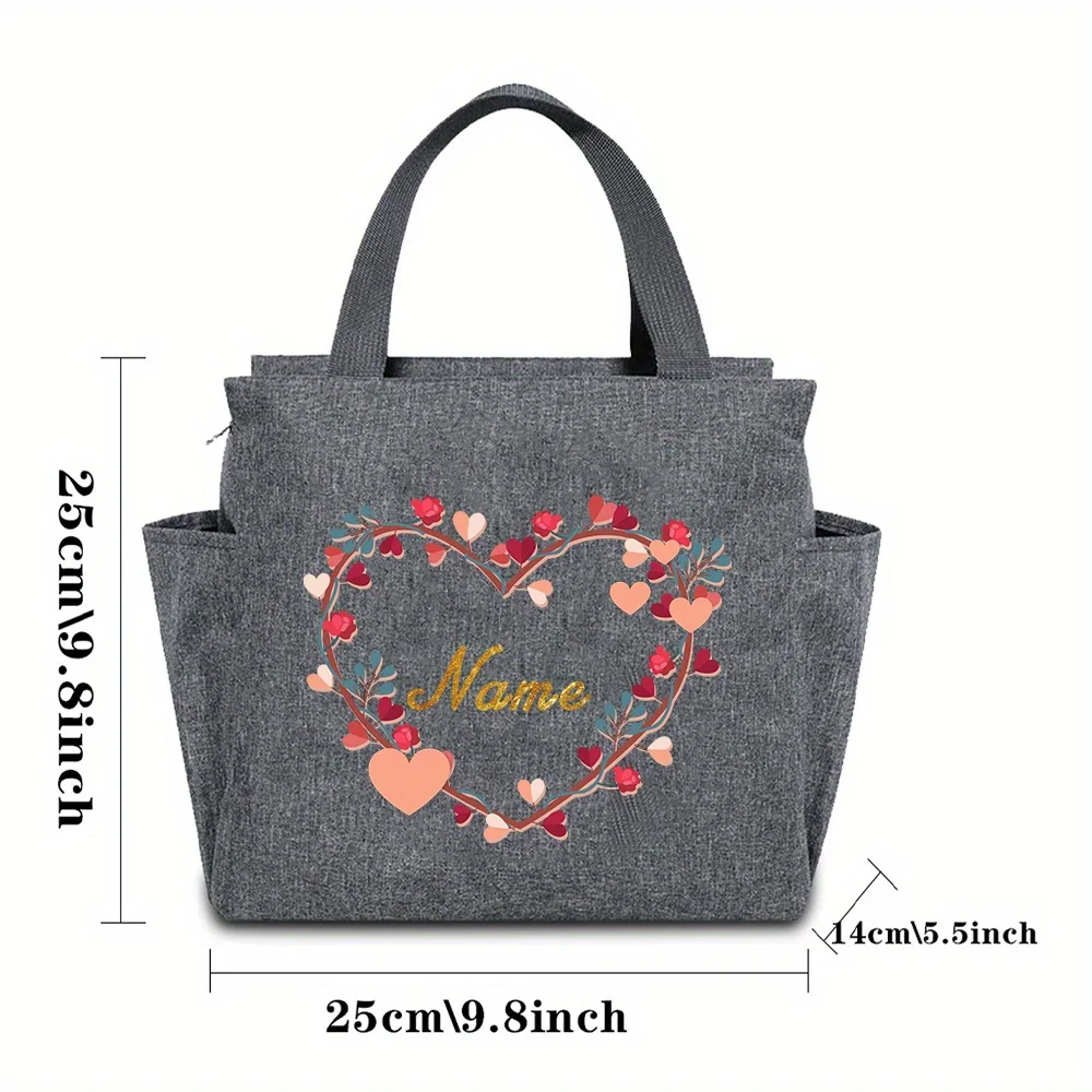 Customized Name Insulated Grey Lunch Bag Personalized Aluminum Foil Bento Lunch Bag Large Capacity Insulated Picnic Food Bag