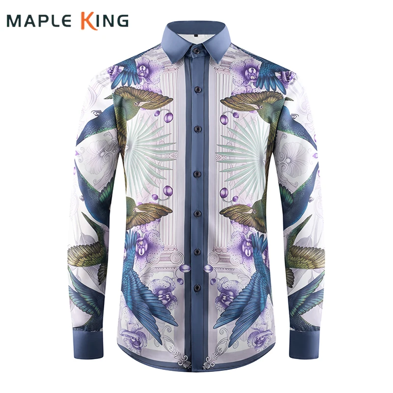 Luxury Elegant Printing Shirts for Men Long Sleeve Business Social Man Floral Shirt Party Prom Tuxedo Mens Blouse Tops Plus Size