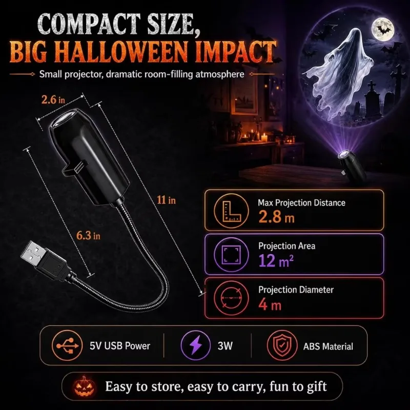 USB Halloween Projector Night Light 360° Rotating Switchable Patterns LED Spooky Atmosphere Lamp Bedroom Holiday Decor