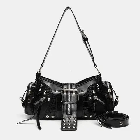 Women's Y2k Punk Vintage Shoulder Purse PU Leather Gothic Rivet Handbag Waist Bag Luxury Black Cross Body Bags with Spikes