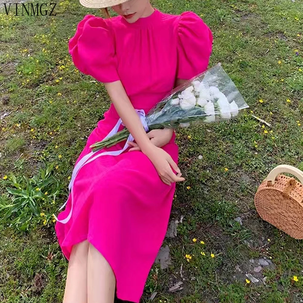 

French bubble sleeve dress women's 2025 summer new pleated waist coffee break dress Regulai Fit vestidos