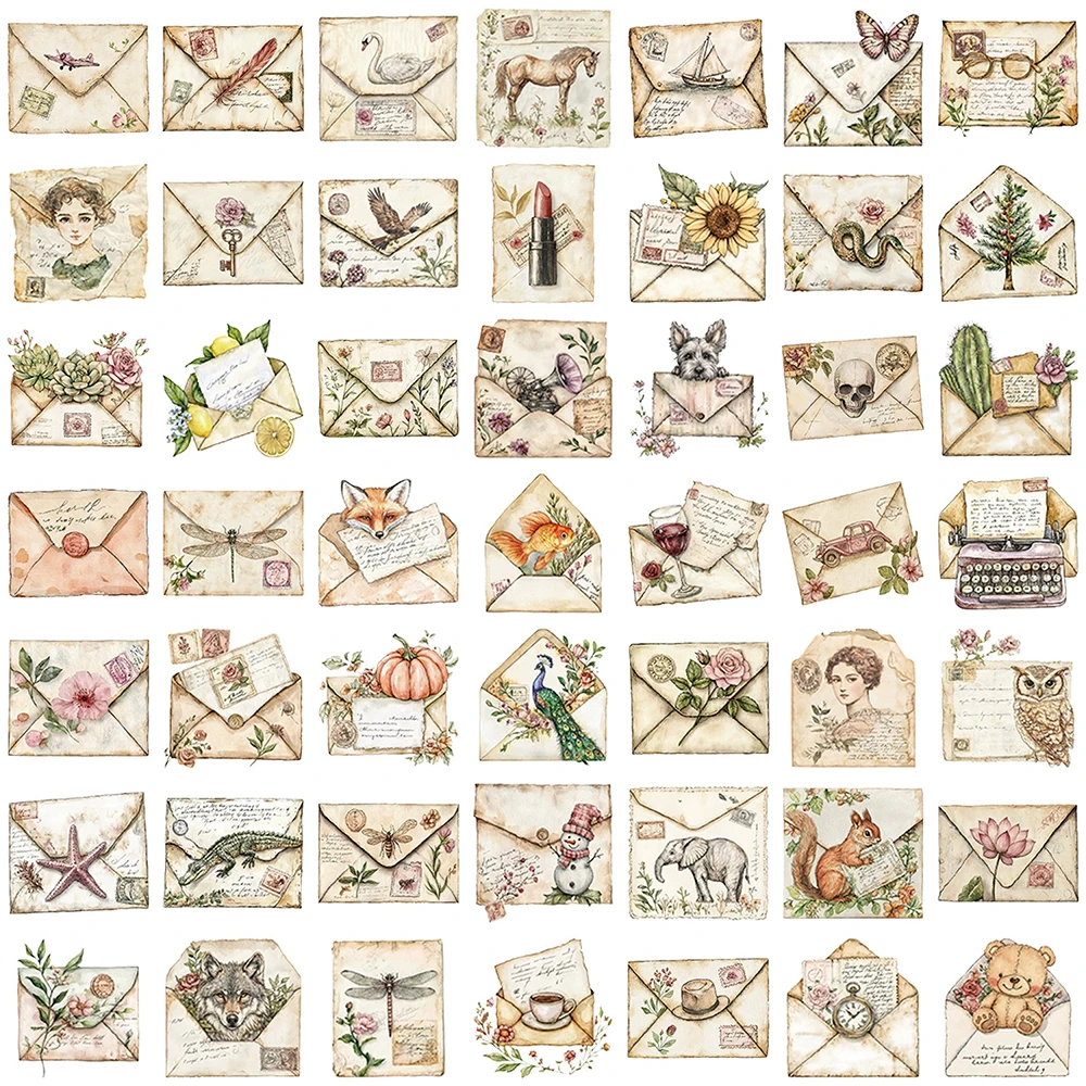 10/30/50 pièces Autocollants vintage esthétiques en forme d'enveloppe, imperméables, graffiti, bricolage, bagages, téléphone, carnet, autocollants transparents en PET, décoration