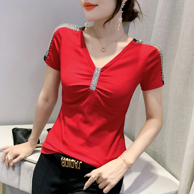 

Faionable Women's V-Ne ort Sve T-irt Summer Design Sensual Top Sli Versatile Bright Tead Ladylike Slim Fit
