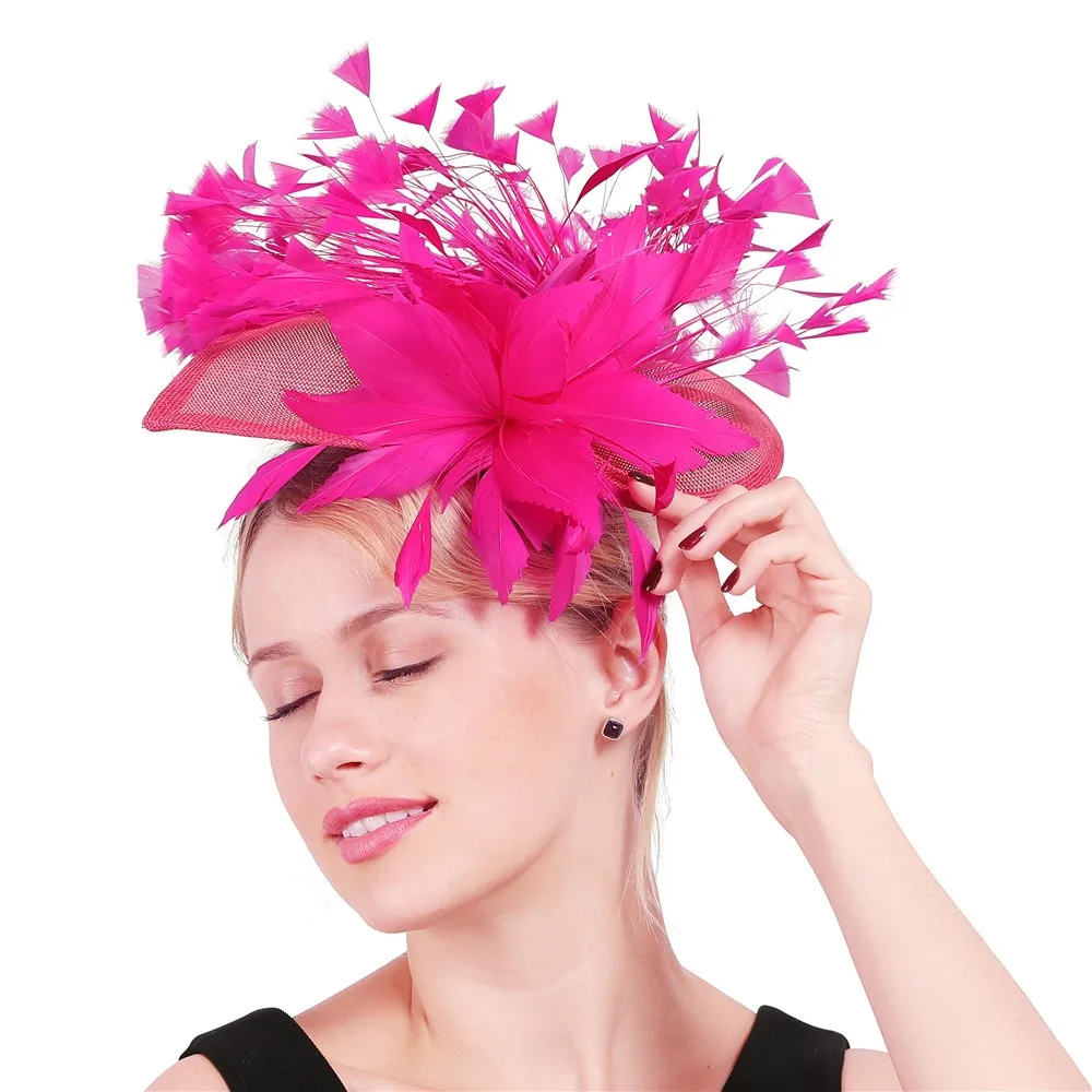 Sombrero fascinador elegante para mujer, accesorios nupciales para el cabello, plumas elegantes, Rosa caliente, hermoso