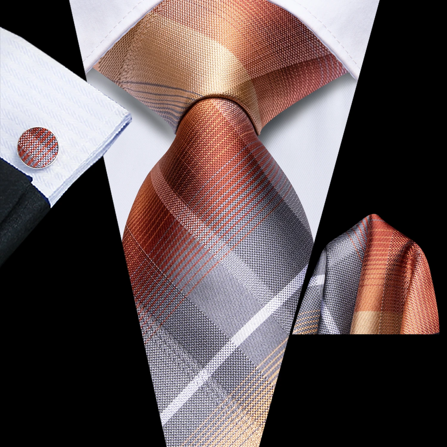Hi-Tie Men Fashion Necktie Yellow Orange Brown Handkerchief Cufflinks for Tuxedo Accessory Classic Silk Luxury Gift Tie
