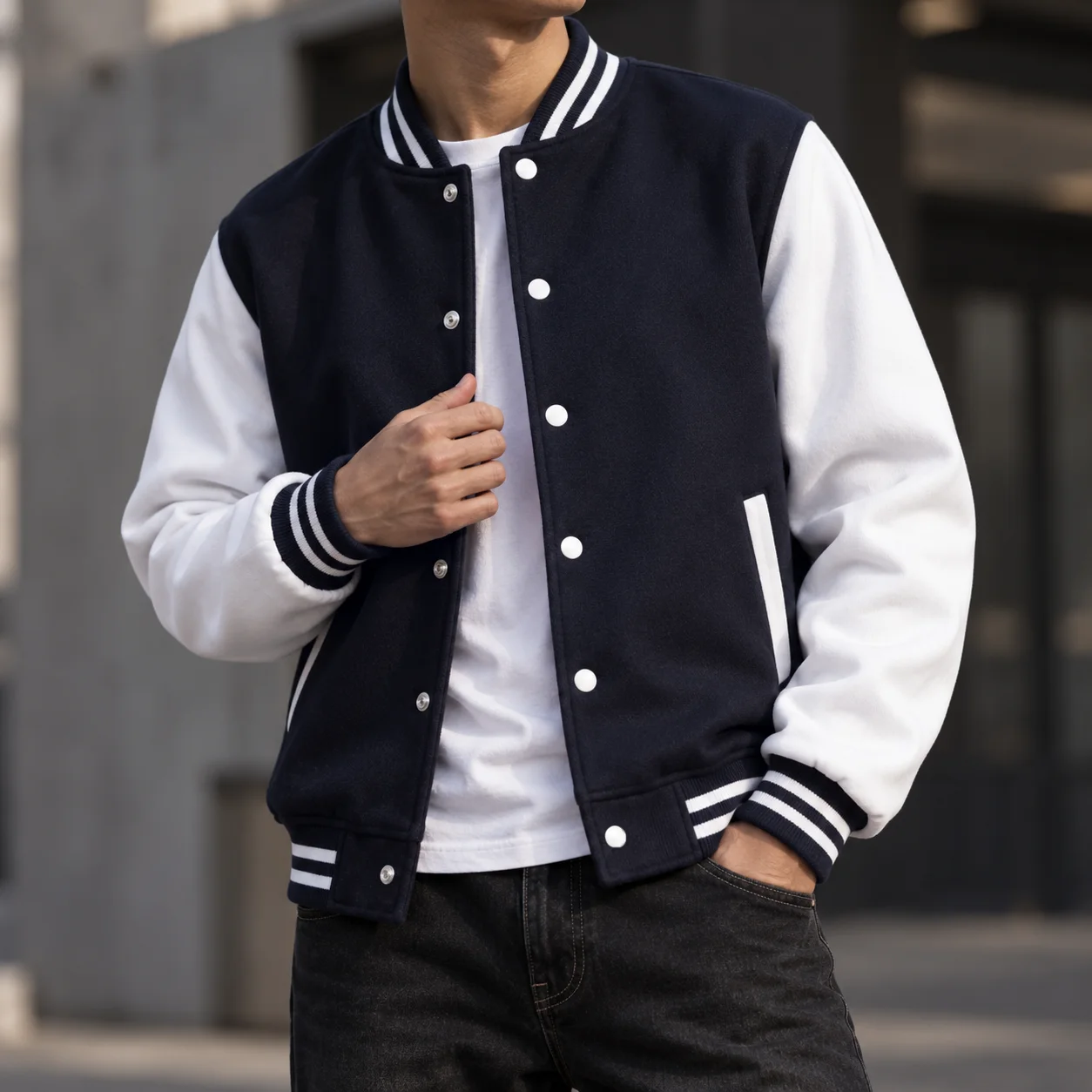 Men's Autumn Winter Varsity Jacket Button Front Contrast Color Casual Loose Baseball Coat Streetwear Trendy College Outerwear