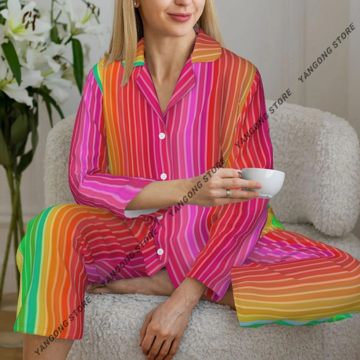 Women Sleepwear Loungewear Rainbow Stripes Abstract Background Long Sleeve Lapel Neck Shirt and Elastic Waist Pants Pajamas Set