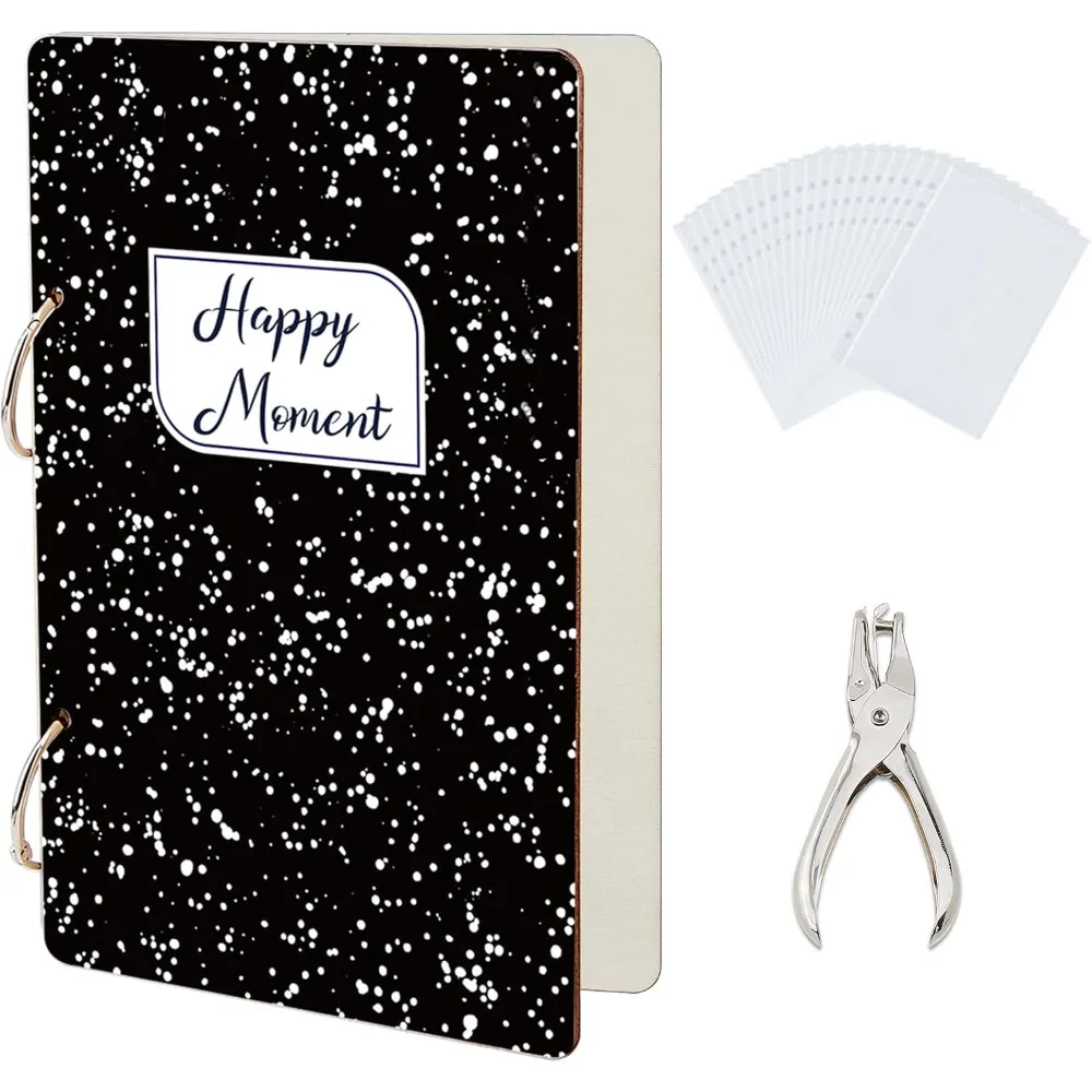 

Happy Moment Greeting Card Organizer White Spots Black Background Wooden Card Keeper Binder with 2-Ring 20 Inner Pocket