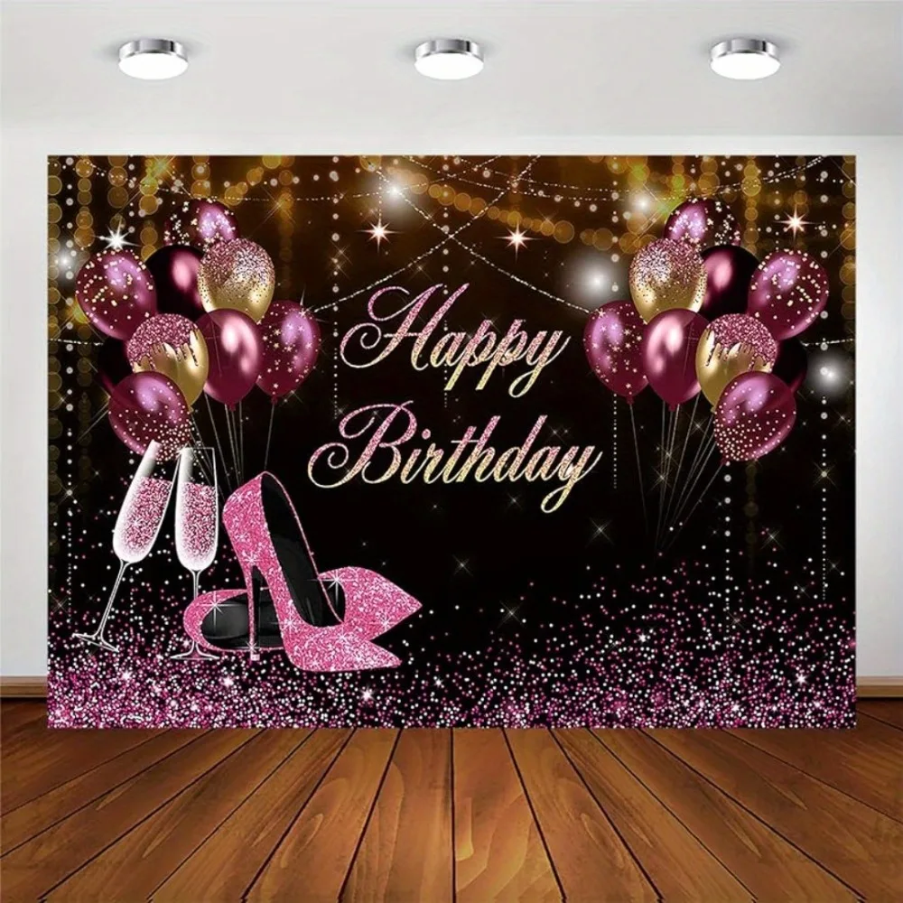 Schwarz gold rosa Glitzer Geburtstag Hintergrund Mädchen weibliches Fotoshooting alles Gute zum Geburtstag Party Banner High Heels Champagner Pulver