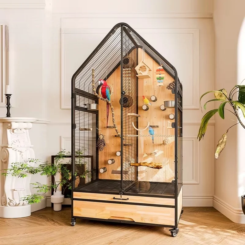 

Solid Wood Panoramic Luxury Bird Cage Medium to Large Birds Villa Design with Breathable Movable DIY Button for Pets