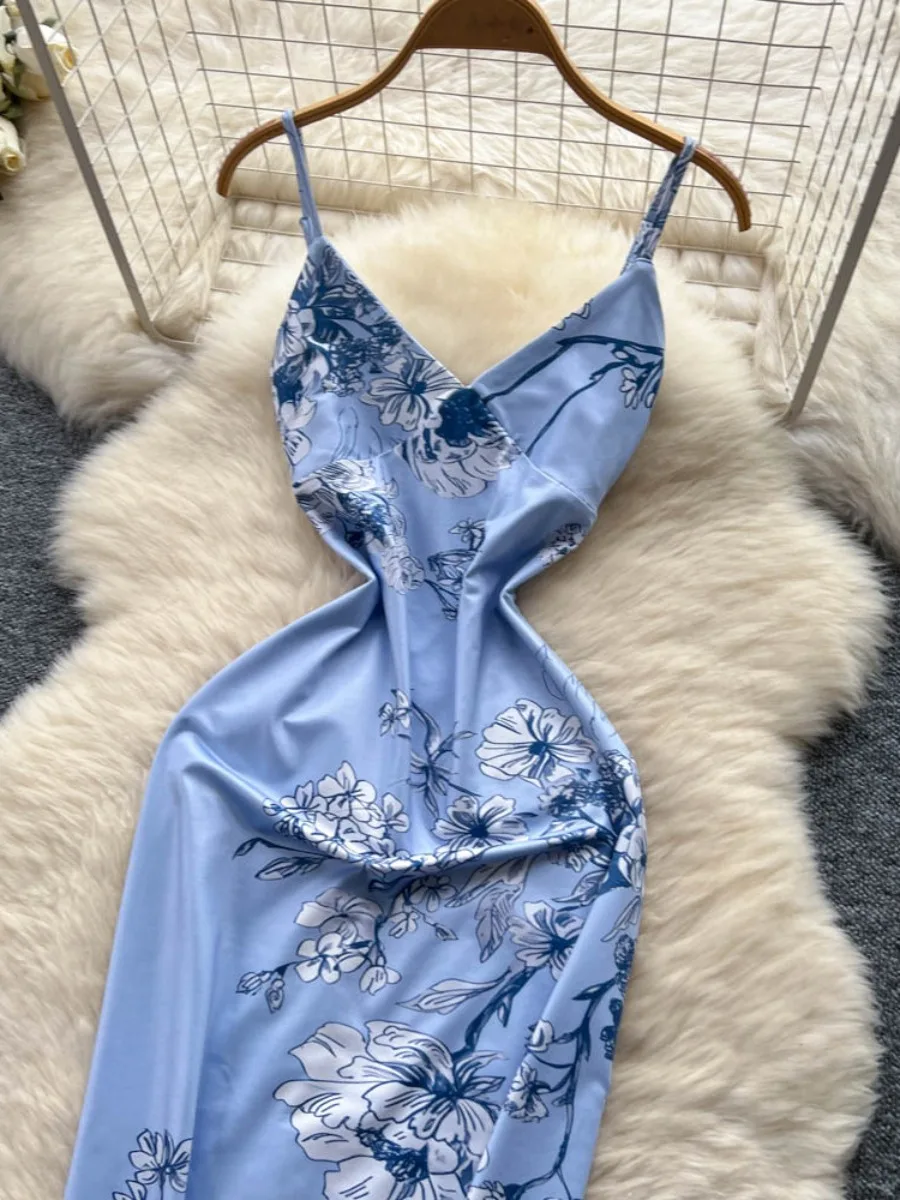 フォームリナ 2025 サマー シンチウエスト スリムフィット フレーティングドレス アメリカンフラワー プリント ボディコン マキシスカート バケーション ロングドレス