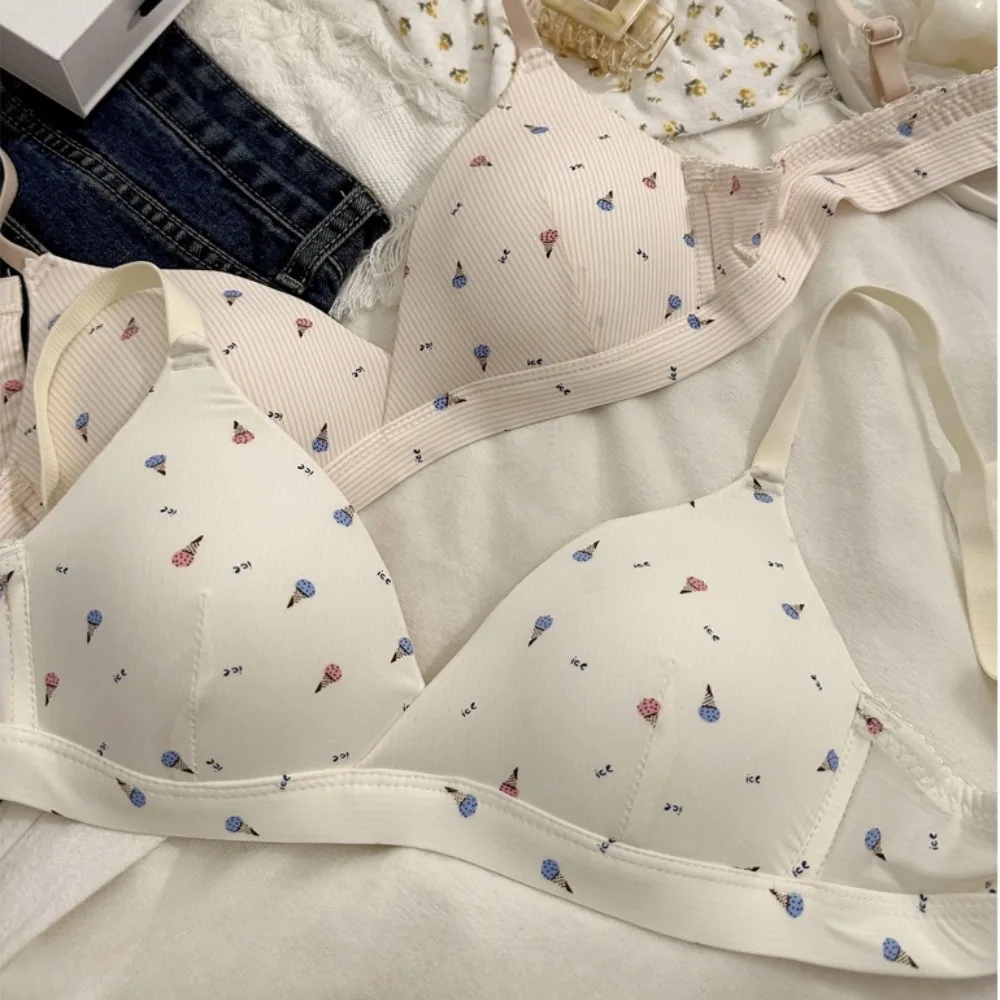 Breathable Thin Unwired Bra New Cute Polyamide Small Boobs Gather Bra Cartoon Steel Frameless Floral Breathable Bra Women