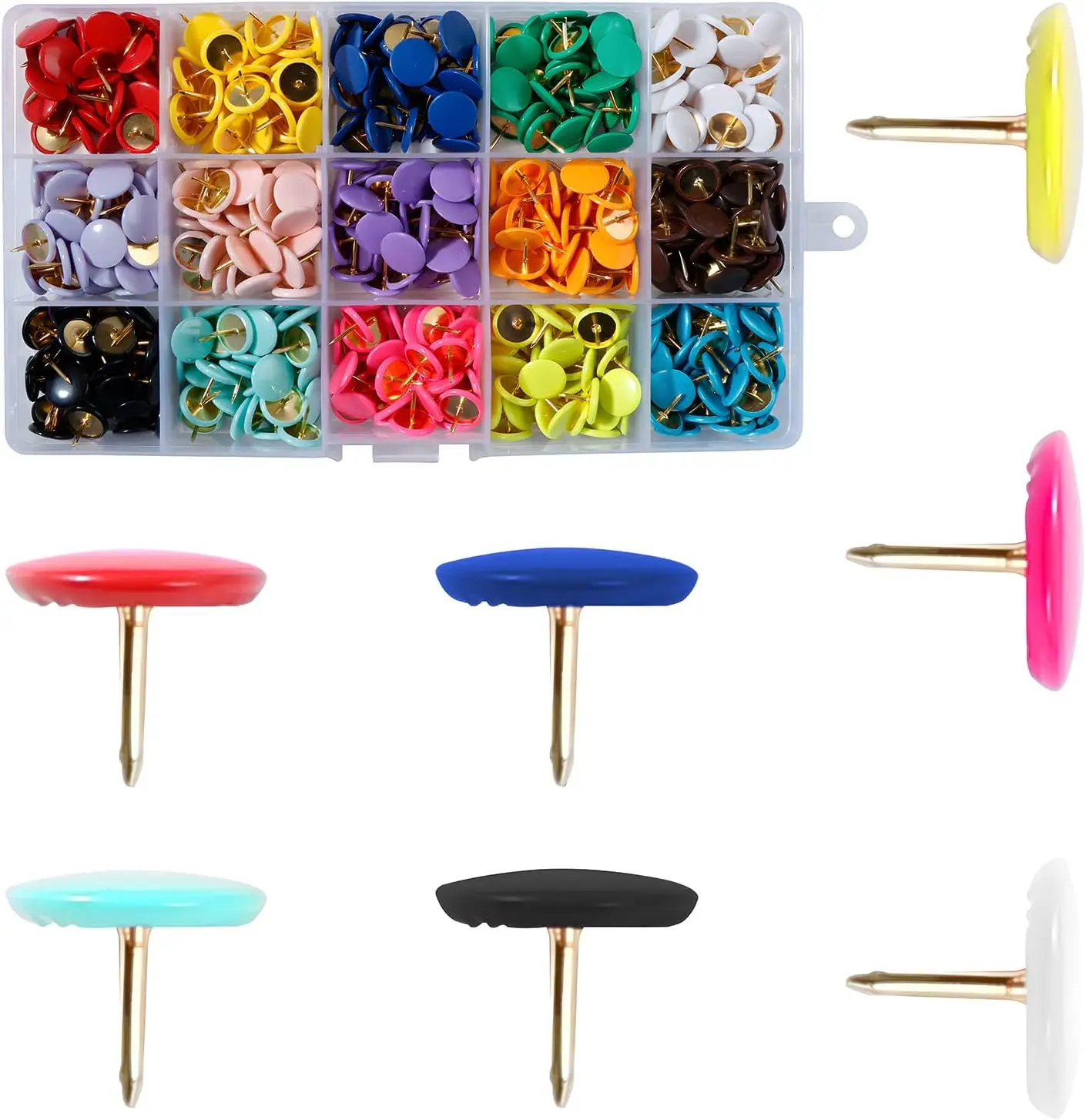 

600Pcs Colored Push Pins, Flat Round Head Thumbtacks with Steel Point, 15 Colors Decorative Thumb Tacks for Bulletin Board