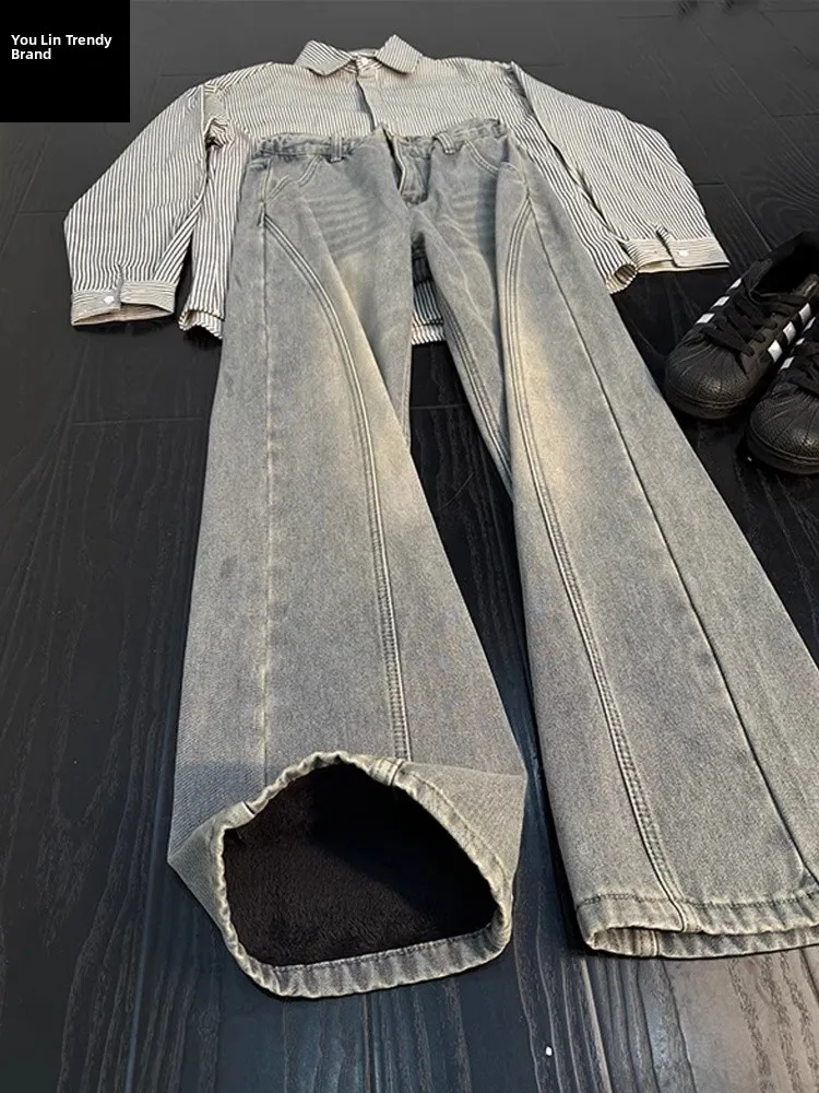 

Мужские джинсы Slim Fit синего цвета на флисовой подкладке, со средней посадкой, прямые, повседневные, зимние, в стиле High Street