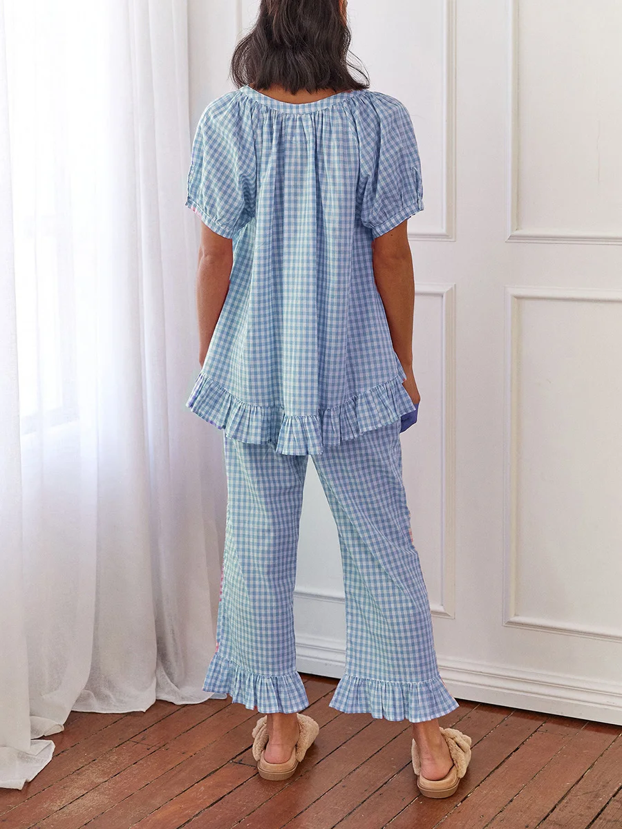 Women’s 2 Piece Pajama Set Short Sleeve Plaid Print Button Up Shirt Blouse + Elastic Waist Ruffle Pants Set Sleepwear Loungewear