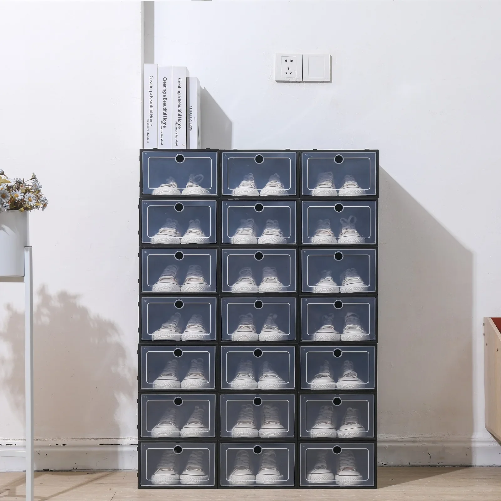 

24pcs Clear Flip-Top Drawer Design Stackable Shoe Storage Boxes Plastic Shoe Organizer W/ Round Air Vents,Modular Closet System