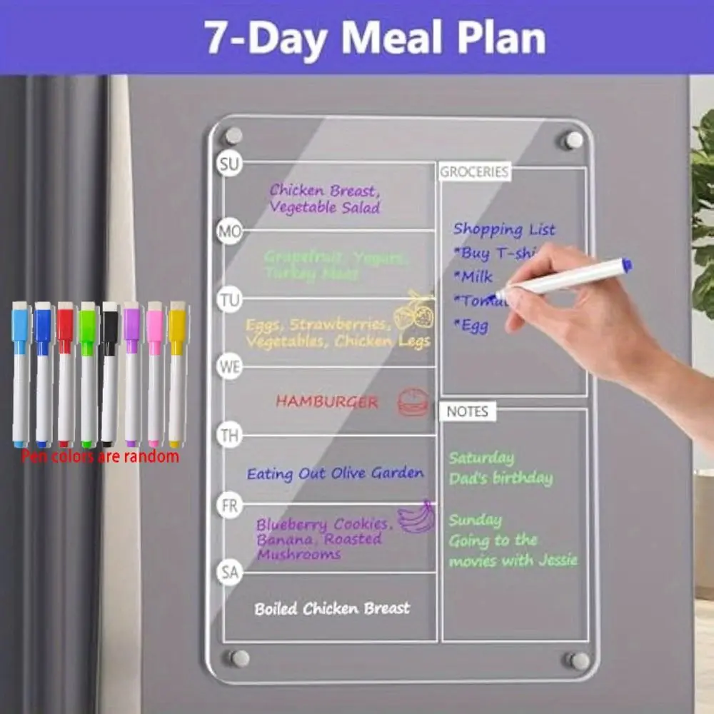 Reusable Fridge Weekly Calendar Transparent with 8 Markers Erasable Memo Board Frameless Removable