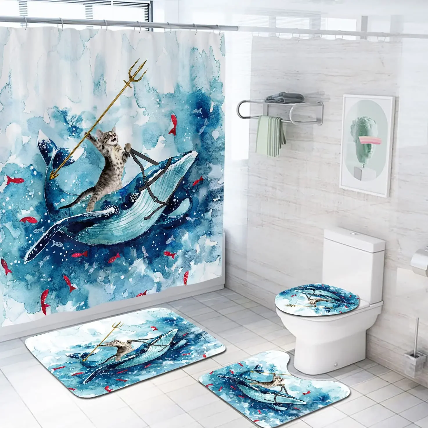 

Cat Riding Whale Ocean Wave 3D Print Shower Curtain Set Polyester Waterproof Bathroom Curtains Toilet Partition WC Bath Rugs