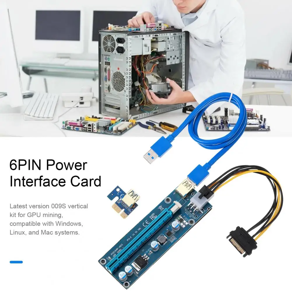Вертикальный комплект для майнинга Pci-e Удлинительный кабель-адаптер видеокарты с 6-контактным кабелем Sata Удлинительный кабель от 1x до 16x для USB