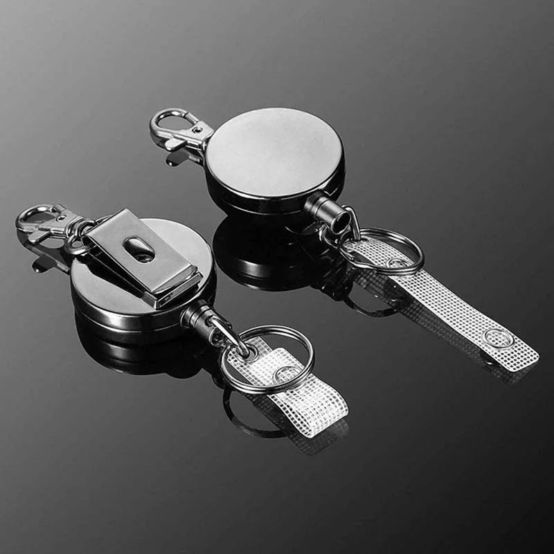 1pc 4cm Black Electroplated Metal Easy-open Buckle With Dog Buckle Anti-loss Retractable Keychain Easy-open ID Card Holder