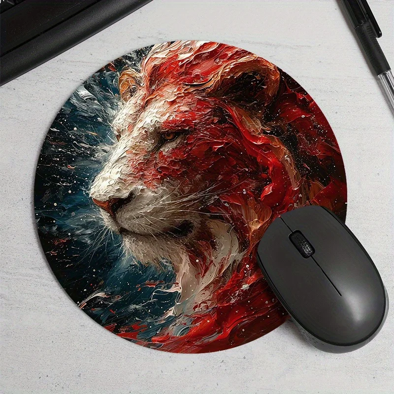 

The lion-patterned circular mouse pad with a waterproof and anti-slip rubber base is suitable for gaming and office use