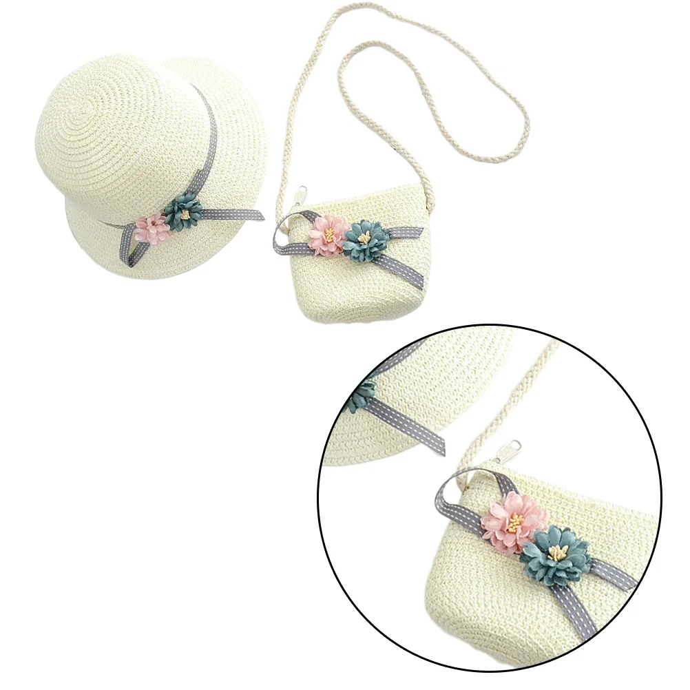 

1 комплект детского пляжного комплекта, белая соломенная шляпа для девочек, защита от солнца с большими полями, летняя одежда ручной работы, аксессуар, детская соломенная шляпа, пляжная