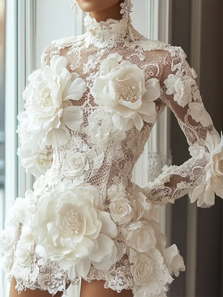 

Luxury High Collar Flowers Appliquins Mini Formal Evening Dresses Birthday Party Prom Gowns Customized
