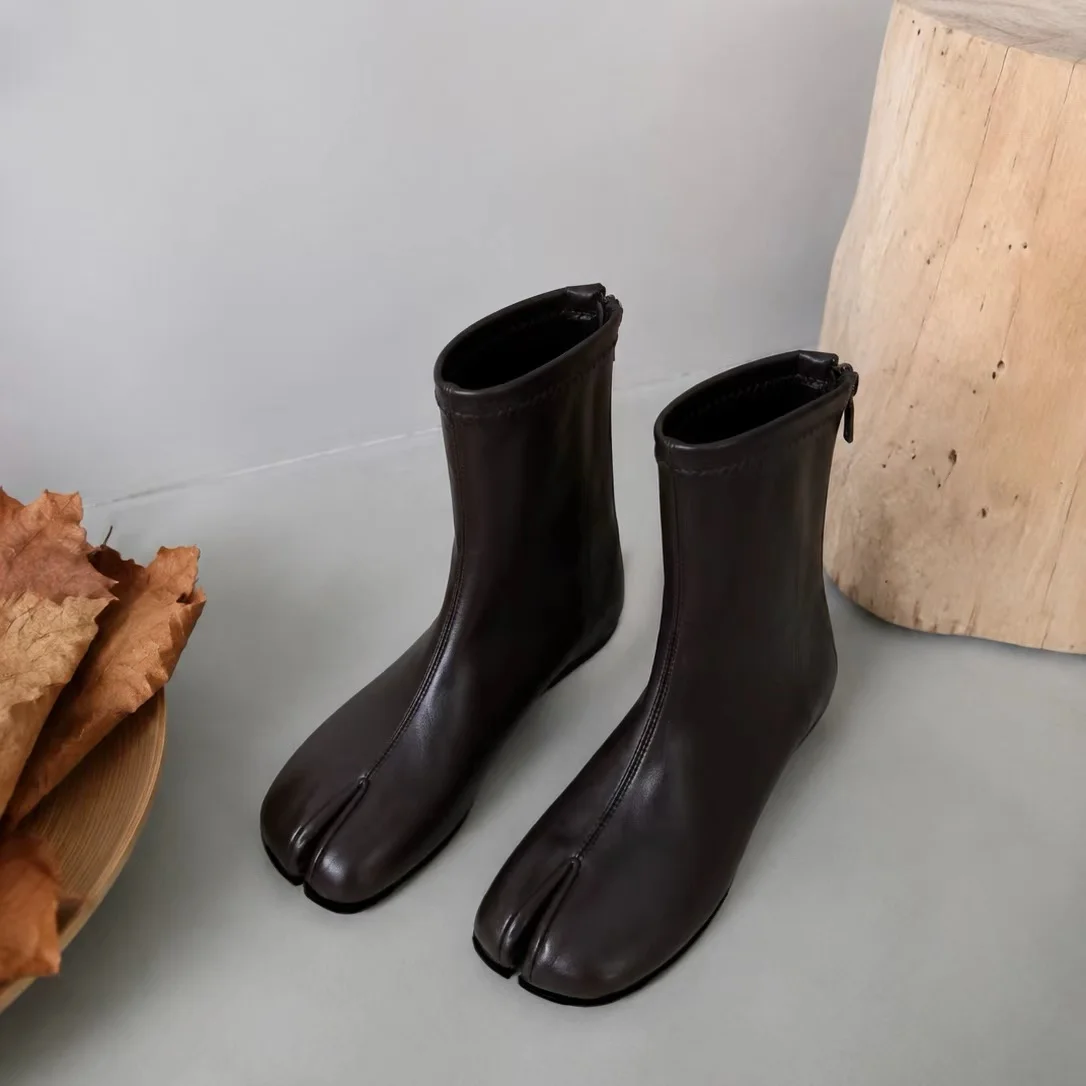 Damen Stiefeletten mit Geteilter Spitze Weiches Leder Flache Schuhe Hinterer Reißverschluss Lässige Kurze Chelsea Boots Retro Herbst Winter Mode Bequeme Vintage Halbstiefel – Detail 3