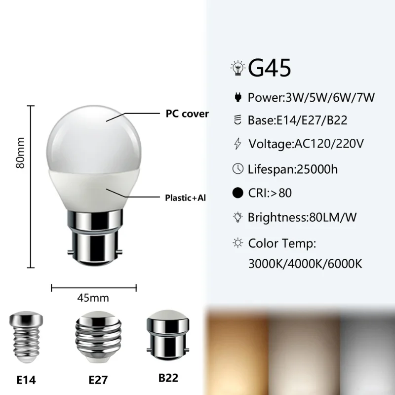 Lampu LED Mini hemat energi G45 B22 E14 E27, 3W-7W AC 220V AC 110V 3000K/4000K/6000K lampu bohlam Golf Led untuk dekorasi rumah