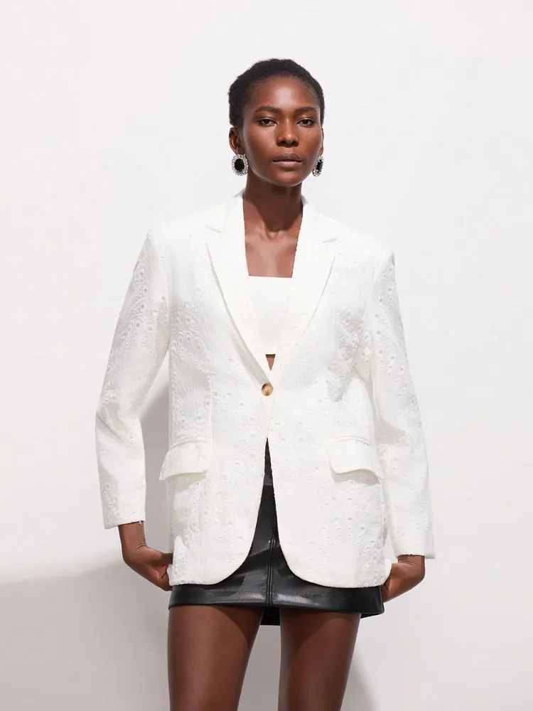 Women's Fashion Embroidered Cutwork Blazer Coat with Long Sleeves and Front Pockets, Female Outerwear Suitable for Office Wear