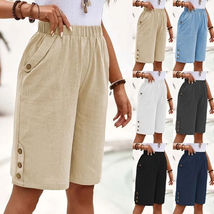 Women's Shorts Casual Linen High Waist Short Pants Beige Button Detail Capris Navy Blue Elastic Waistband Cropped Pants Light