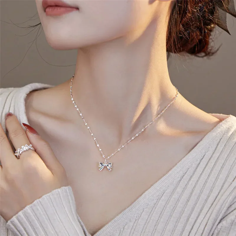 

Lovely bowknot pendant women necklace lip chain shiny clavicle chain niche design luxury versatile jewelry