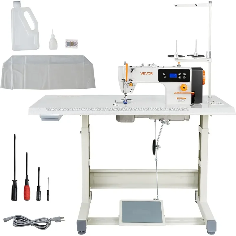 Industrial Lockstitch Sewing Machine 550W Commercial Set with Servo Motor Table Stand 5000 SPM High Speed Metal Frame LCD