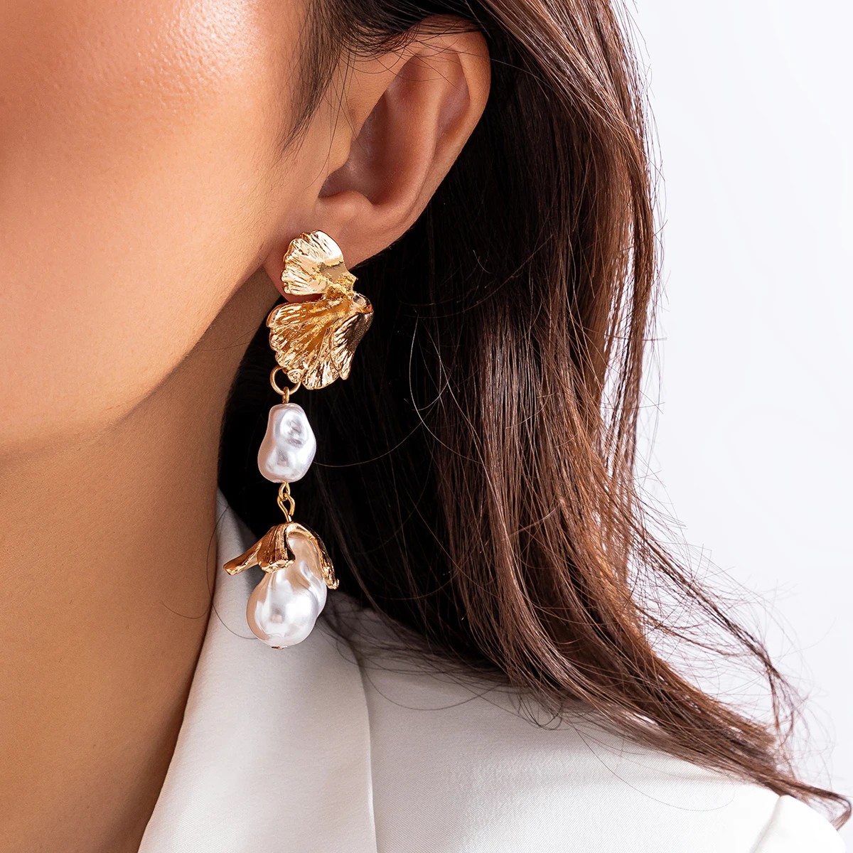 IngeSight.Z Vintage Gold Color Little Ginkgo Leaf Drop Earrings Women Charms Irregular Imitation Pearl Long Pendant Earrings