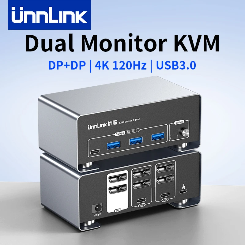 

Unnlink 4K 120Hz DP + DP Dual Monitor KVM Switch 2 Monitor 2 Computer 8K 60Hz with USB 3.0 for Win/Mac PC Share Mouse Keyboard