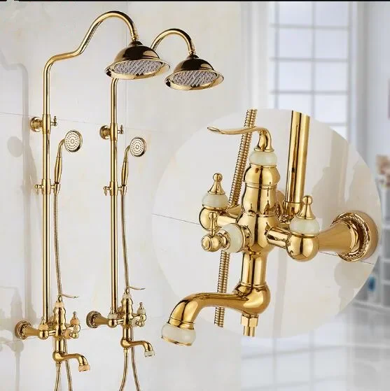 

Bathtub and Shower Faucet Golden Brass and Jade Bath Set Brass Wall Mounted 8" Rainfall Hand shower Set