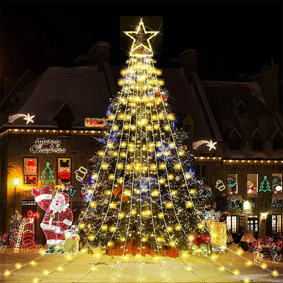 9X3.5M 350 LED Christmas Tree Waterfall Star String Light Outdoor Christmas Tree Topper Star Fairy Light Hanging Garland Light