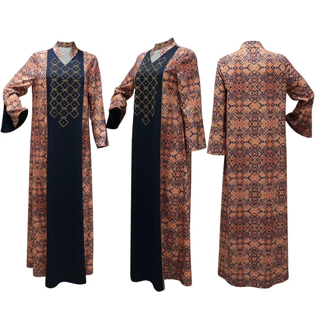 

UNI Printing Diamond Arabian Dubai Abaya Nation Robe Fashion Muslim Dress Women Party Holiday Long Sleeve Daily Dress Vestidos