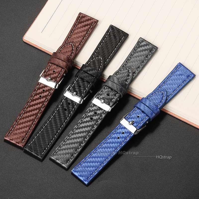 Leather Bracelet Carbonfiber Grain Watchband 18mm 20mm Red Orange Black Blue Brown Wristband 22mm 24mm Watch Strap for Seiko