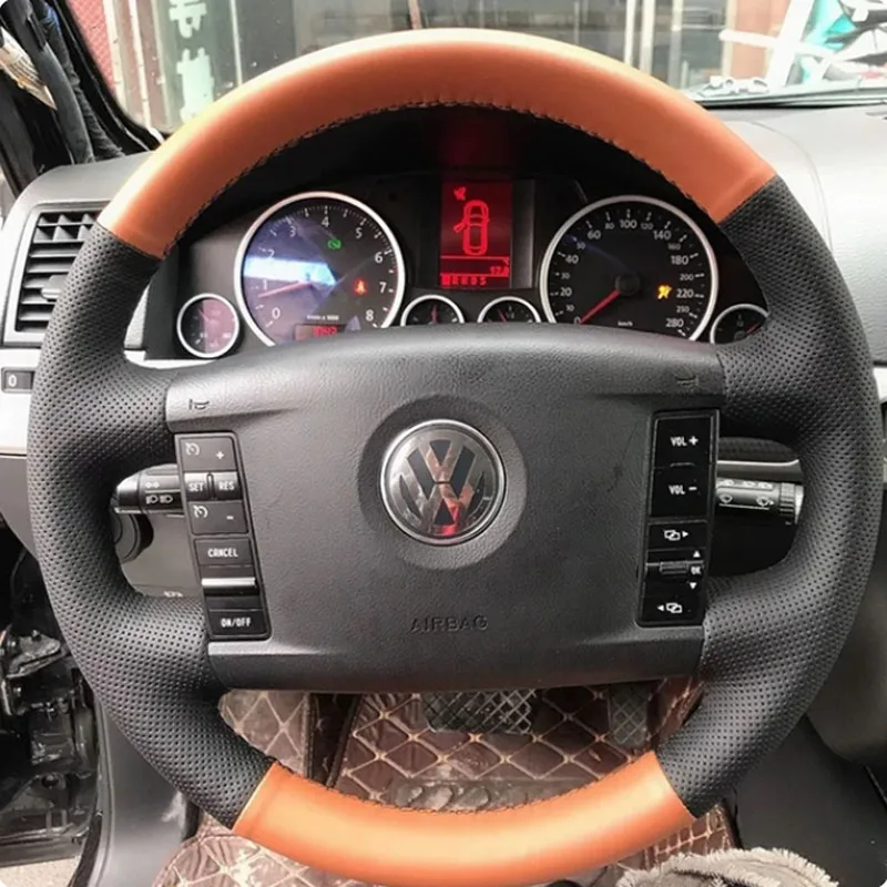 For Volkswagen VW Touareg Phaeton 2002-2010 Hand Stitched black nonslip wear-resistant Genuine Leather Car Steering Wheel Cover