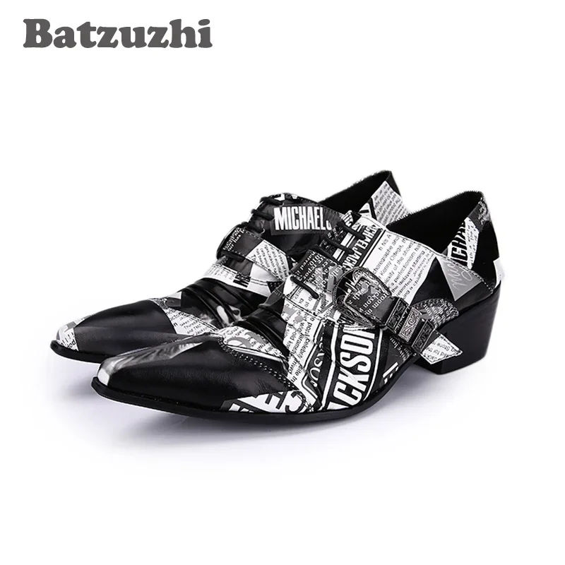 

Batzuzhi 6.5CM Mens Shoes High Heels Personality Paper Pattern Leather Shoes Men Oxford Pointed Toe Zapatos Oxford Hombre, 38-46