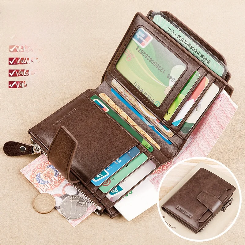 top-layer-cowhide-leather-wallet-short-style-buckle-design-driver-license-multi-function-card-holder-for-men-and-women